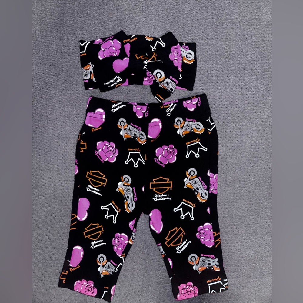 Harley-Davidson Girl Black Leggings with Pink and Orange matching headband
